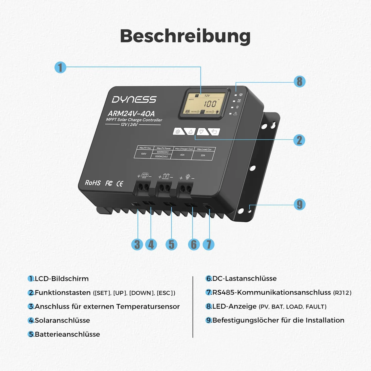 Dyness MPPT Solarladeregler 40A 12V/24V Bluetooth