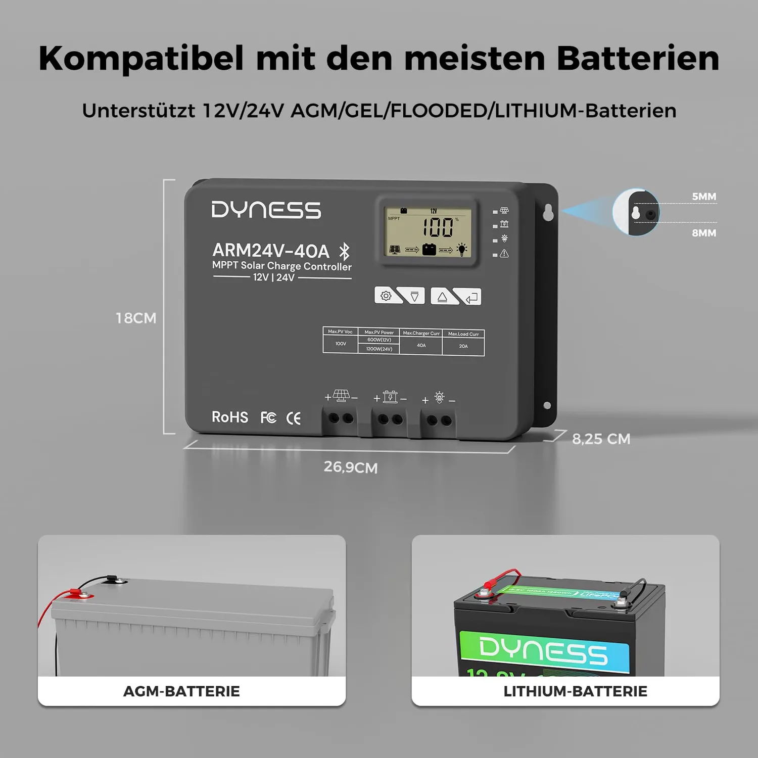 Dyness MPPT Solarladeregler 40A 12V/24V Bluetooth